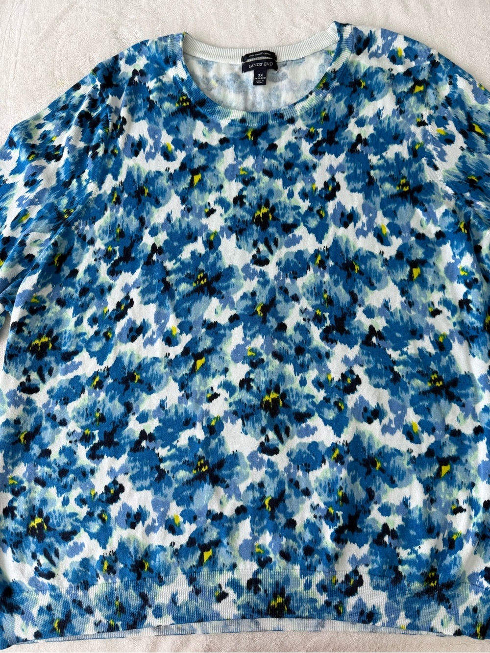 Lands' End blue watercolor floral print crewneck knit top Plus 3X D92